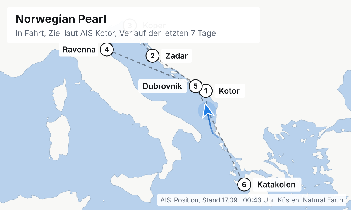 Karte: aktuelle Position der Norwegian Pearl, Verlauf der letzten Tage und die nächsten Häfen laut Fahrplan