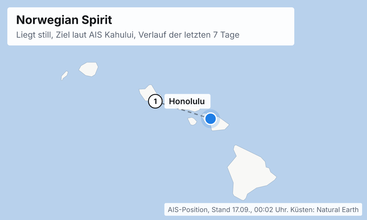 Karte: aktuelle Position der Norwegian Spirit, Verlauf der letzten Tage und die nächsten Häfen laut Fahrplan