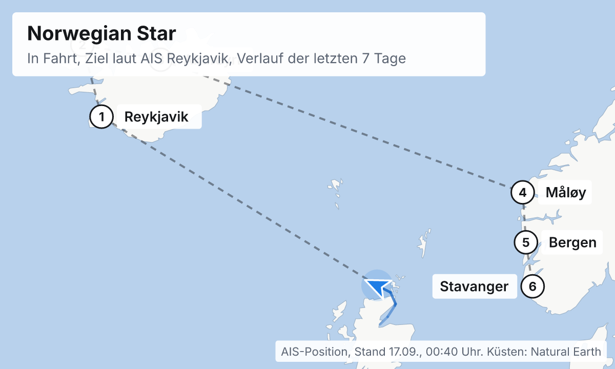 Karte: aktuelle Position der Norwegian Star, Verlauf der letzten Tage und die nächsten Häfen laut Fahrplan