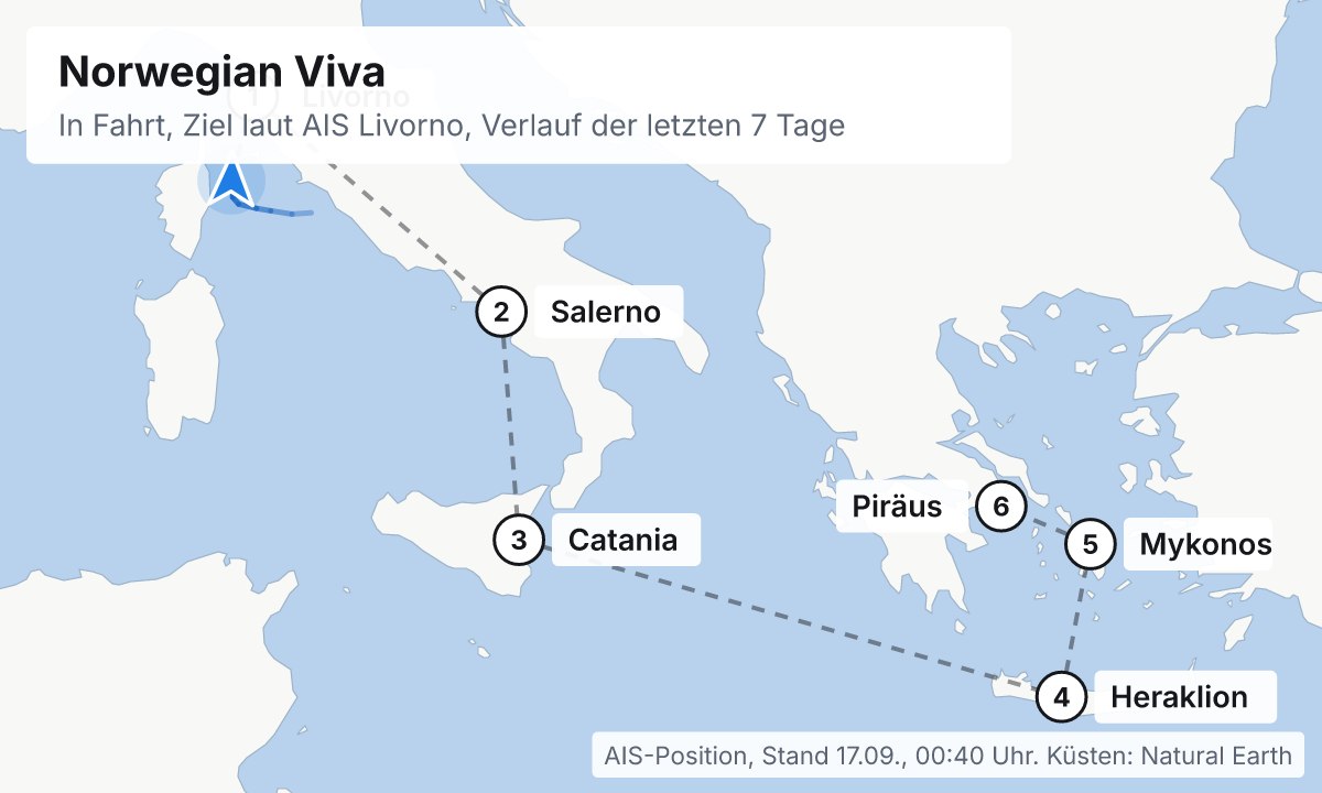 Karte: aktuelle Position der Norwegian Viva, Verlauf der letzten Tage und die nächsten Häfen laut Fahrplan