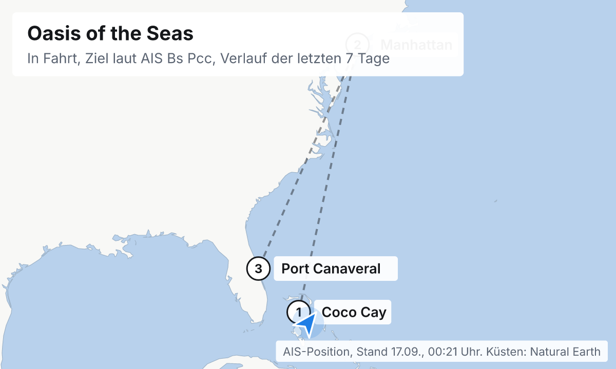 Karte: aktuelle Position der Oasis of the Seas, Verlauf der letzten Tage und die nächsten Häfen laut Fahrplan