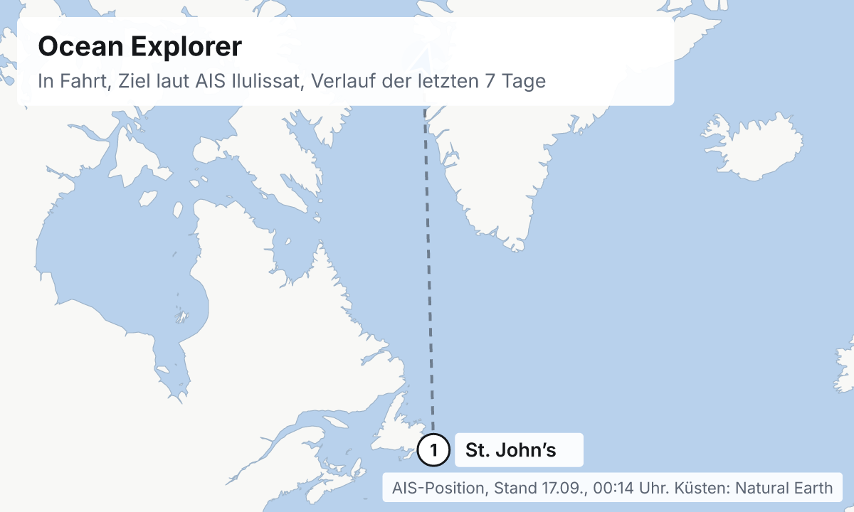 Karte: aktuelle Position der Ocean Explorer, Verlauf der letzten Tage und die nächsten Häfen laut Fahrplan