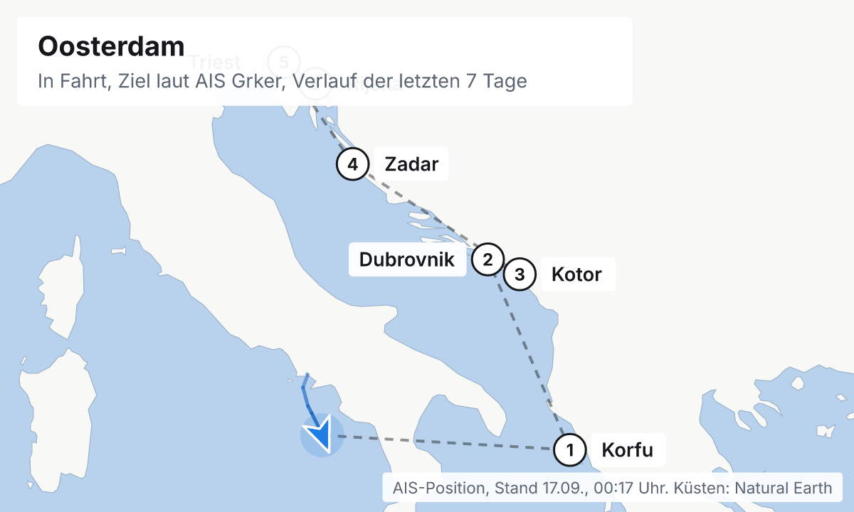 Karte: aktuelle Position der Oosterdam, Verlauf der letzten Tage und die nächsten Häfen laut Fahrplan