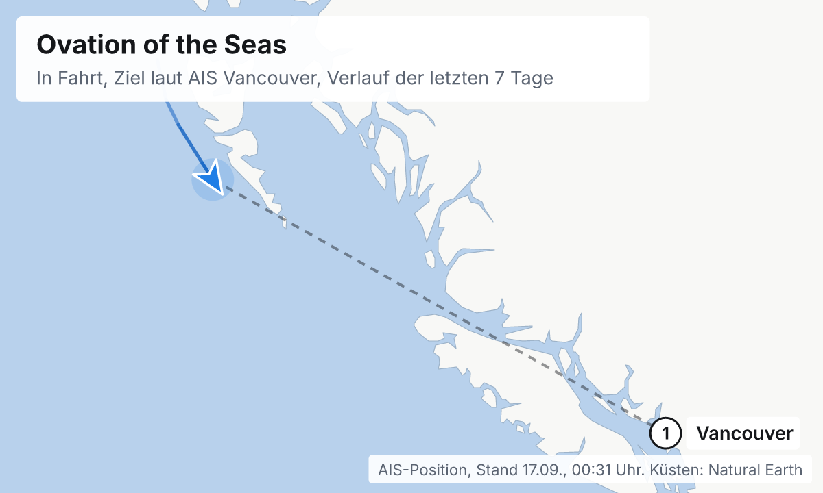 Karte: aktuelle Position der Ovation of the Seas, Verlauf der letzten Tage und die nächsten Häfen laut Fahrplan