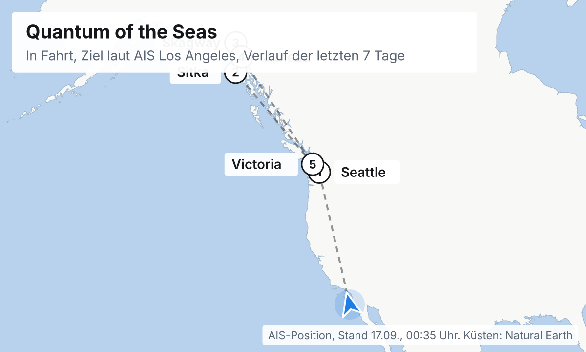 Karte: aktuelle Position der Quantum of the Seas, Verlauf der letzten Tage und die nächsten Häfen laut Fahrplan