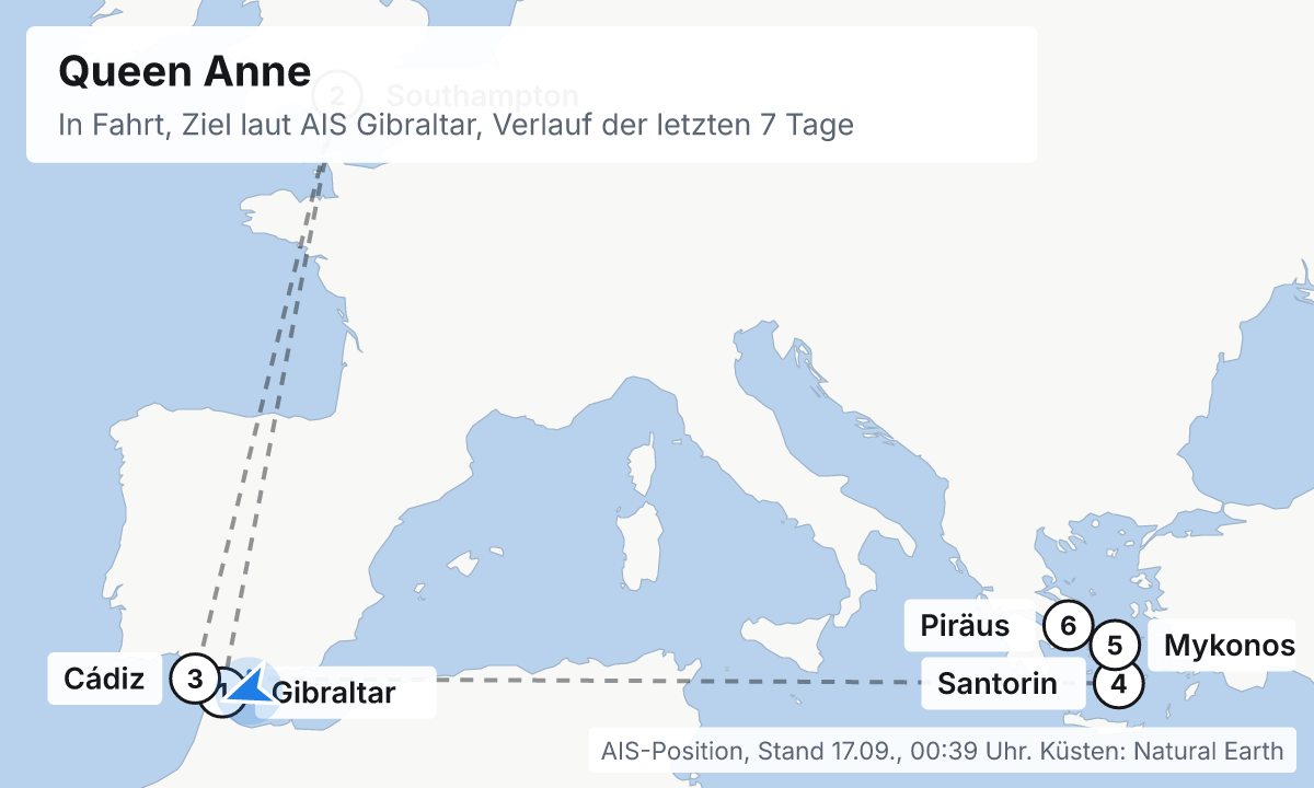 Karte: aktuelle Position der Queen Anne, Verlauf der letzten Tage und die nächsten Häfen laut Fahrplan
