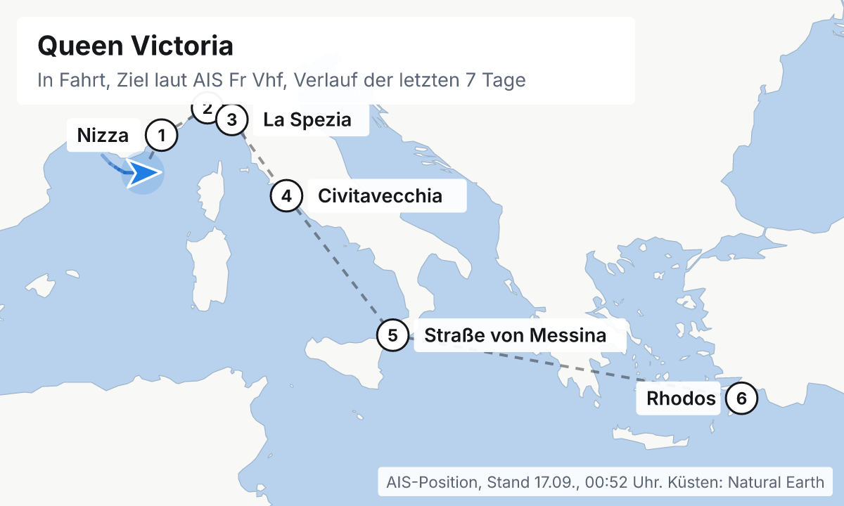 Karte: aktuelle Position der Queen Victoria, Verlauf der letzten Tage und die nächsten Häfen laut Fahrplan