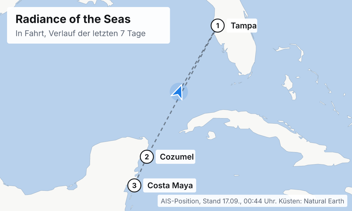 Karte: aktuelle Position der Radiance of the Seas, Verlauf der letzten Tage und die nächsten Häfen laut Fahrplan