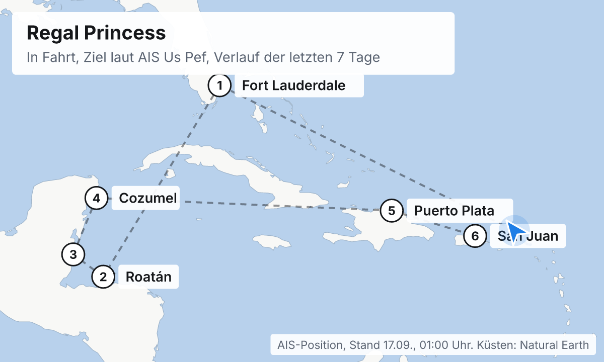 Karte: aktuelle Position der Regal Princess, Verlauf der letzten Tage und die nächsten Häfen laut Fahrplan