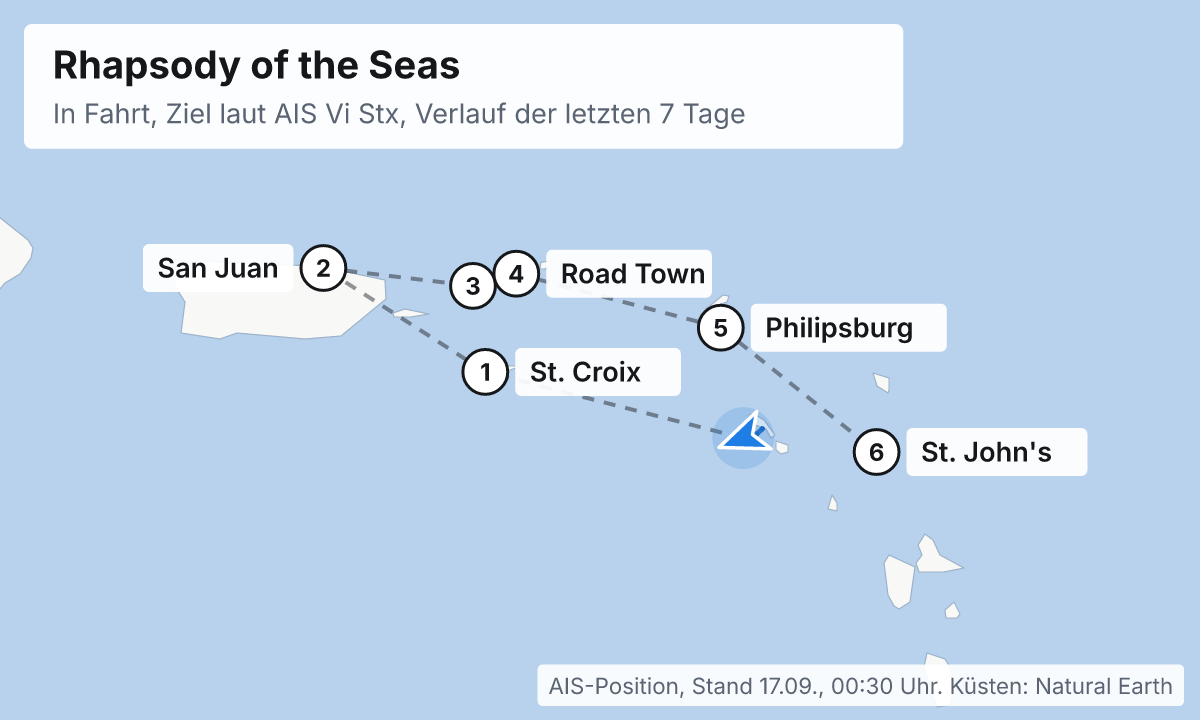 Karte: aktuelle Position der Rhapsody of the Seas, Verlauf der letzten Tage und die nächsten Häfen laut Fahrplan
