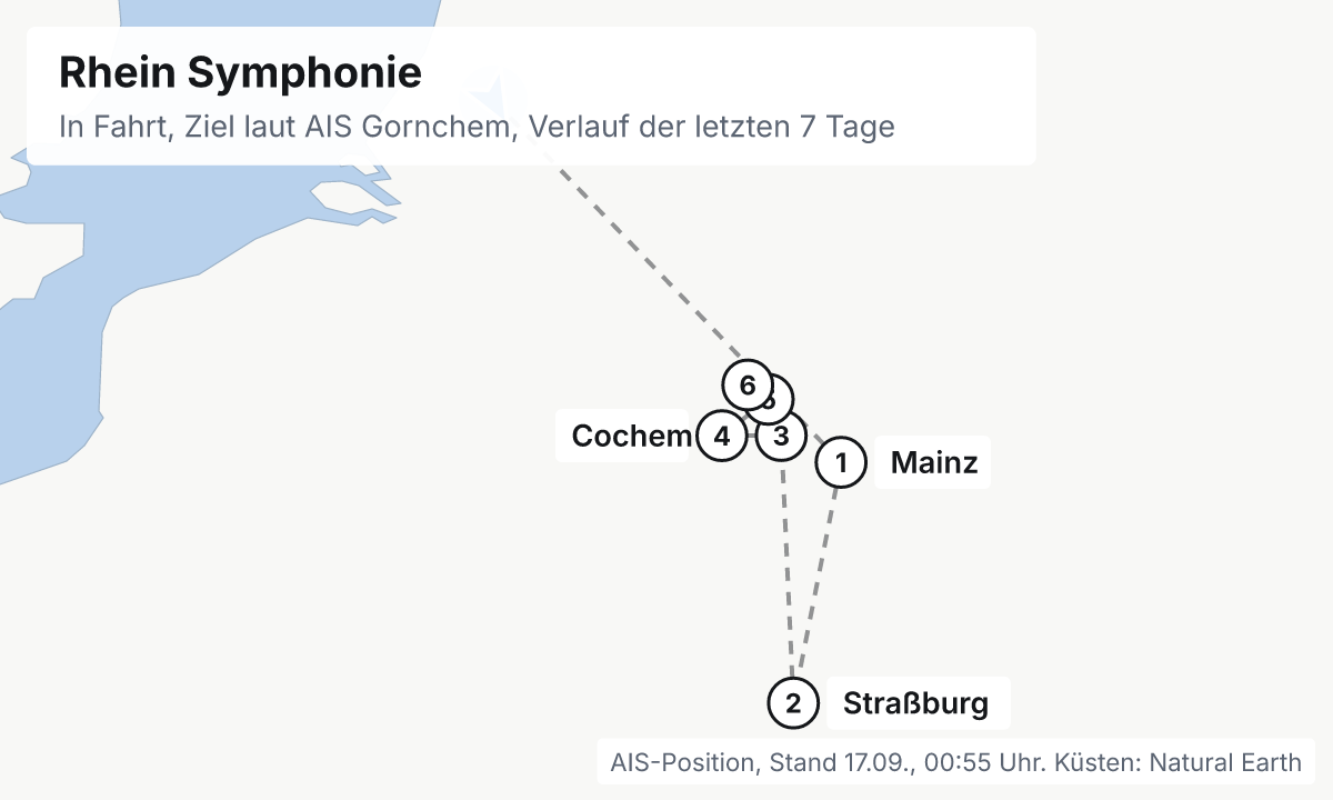 Karte: aktuelle Position der Rhein Symphonie, Verlauf der letzten Tage und die nächsten Häfen laut Fahrplan