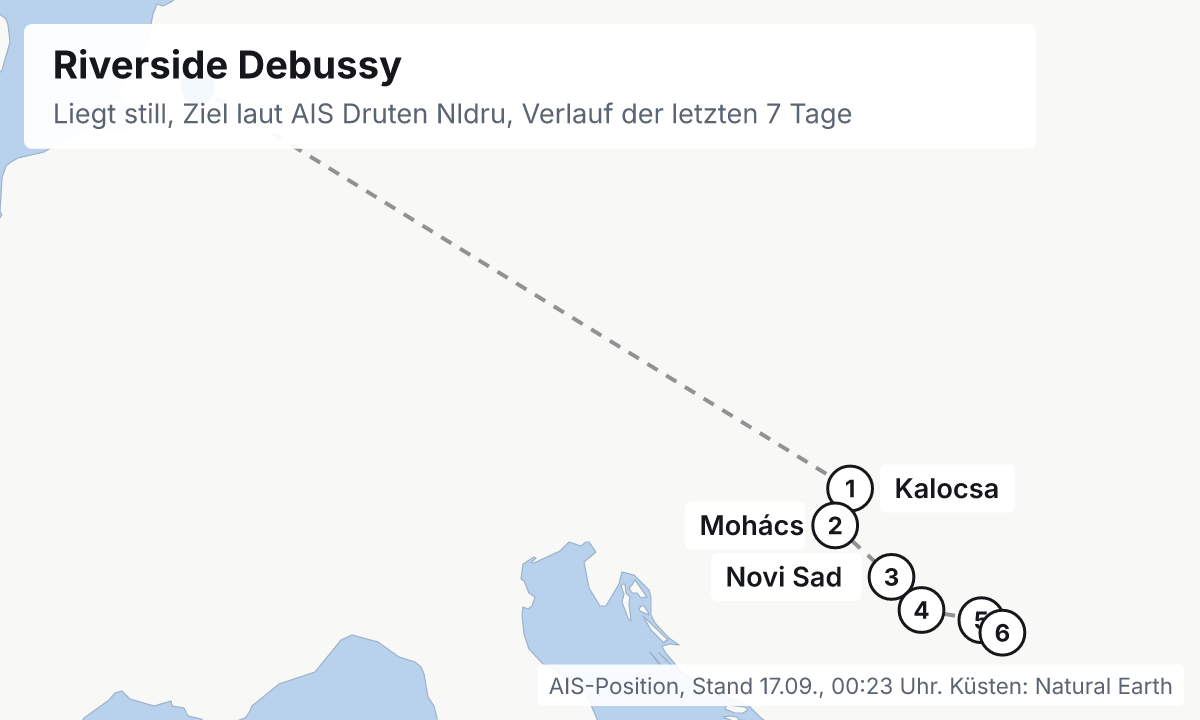 Karte: aktuelle Position der Riverside Debussy, Verlauf der letzten Tage und die nächsten Häfen laut Fahrplan