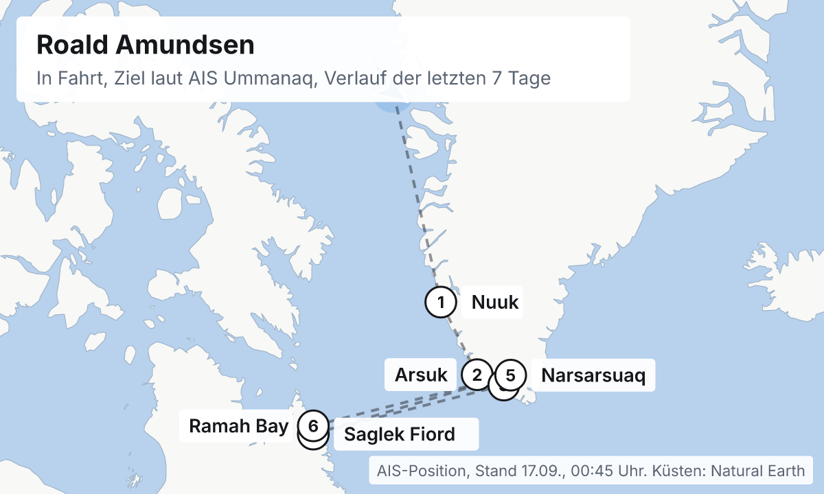 Karte: aktuelle Position der Roald Amundsen, Verlauf der letzten Tage und die nächsten Häfen laut Fahrplan
