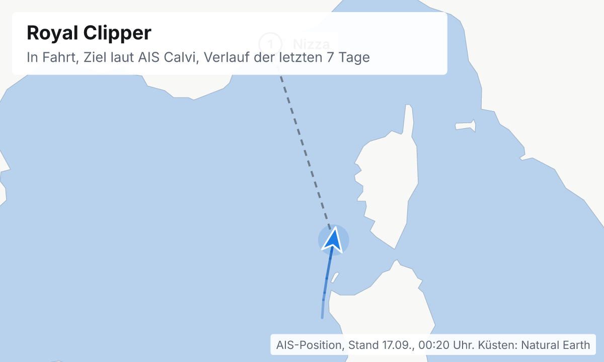 Karte: aktuelle Position der Royal Clipper, Verlauf der letzten Tage und die nächsten Häfen laut Fahrplan