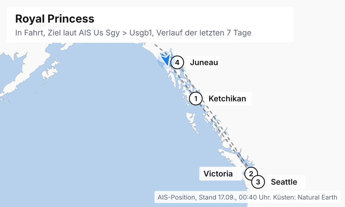 Karte: aktuelle Position der Royal Princess, Verlauf der letzten Tage und die nächsten Häfen laut Fahrplan