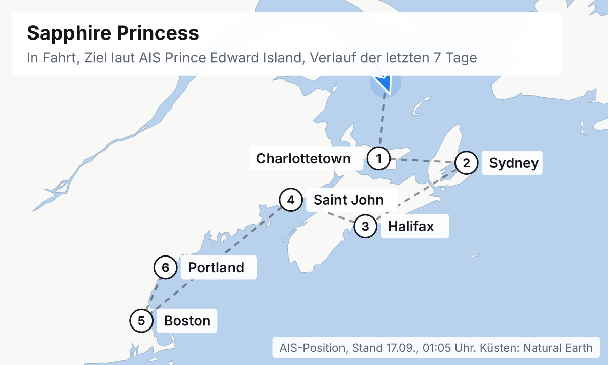 Karte: aktuelle Position der Sapphire Princess, Verlauf der letzten Tage und die nächsten Häfen laut Fahrplan