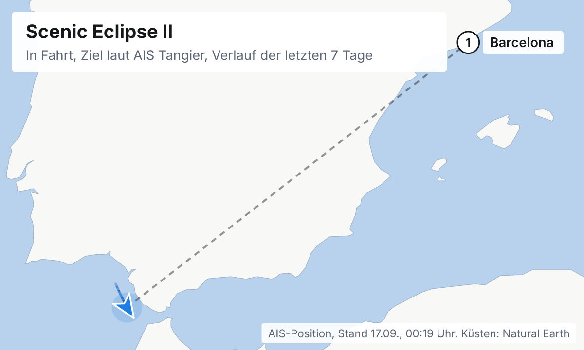 Karte: aktuelle Position der Scenic Eclipse II, Verlauf der letzten Tage und die nächsten Häfen laut Fahrplan