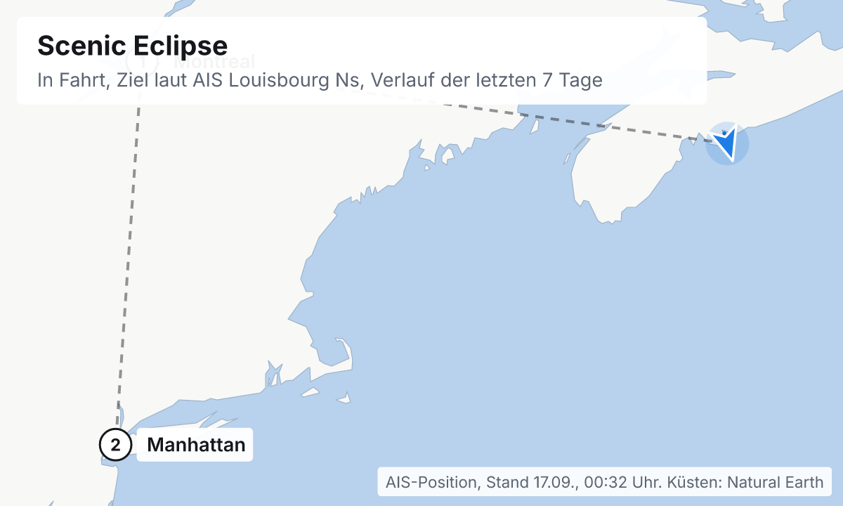 Karte: aktuelle Position der Scenic Eclipse, Verlauf der letzten Tage und die nächsten Häfen laut Fahrplan