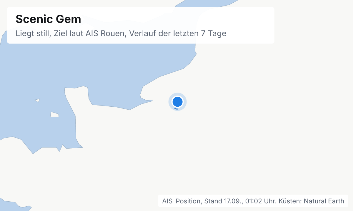 Karte: aktuelle Position der Scenic Gem, Verlauf der letzten Tage und die nächsten Häfen laut Fahrplan
