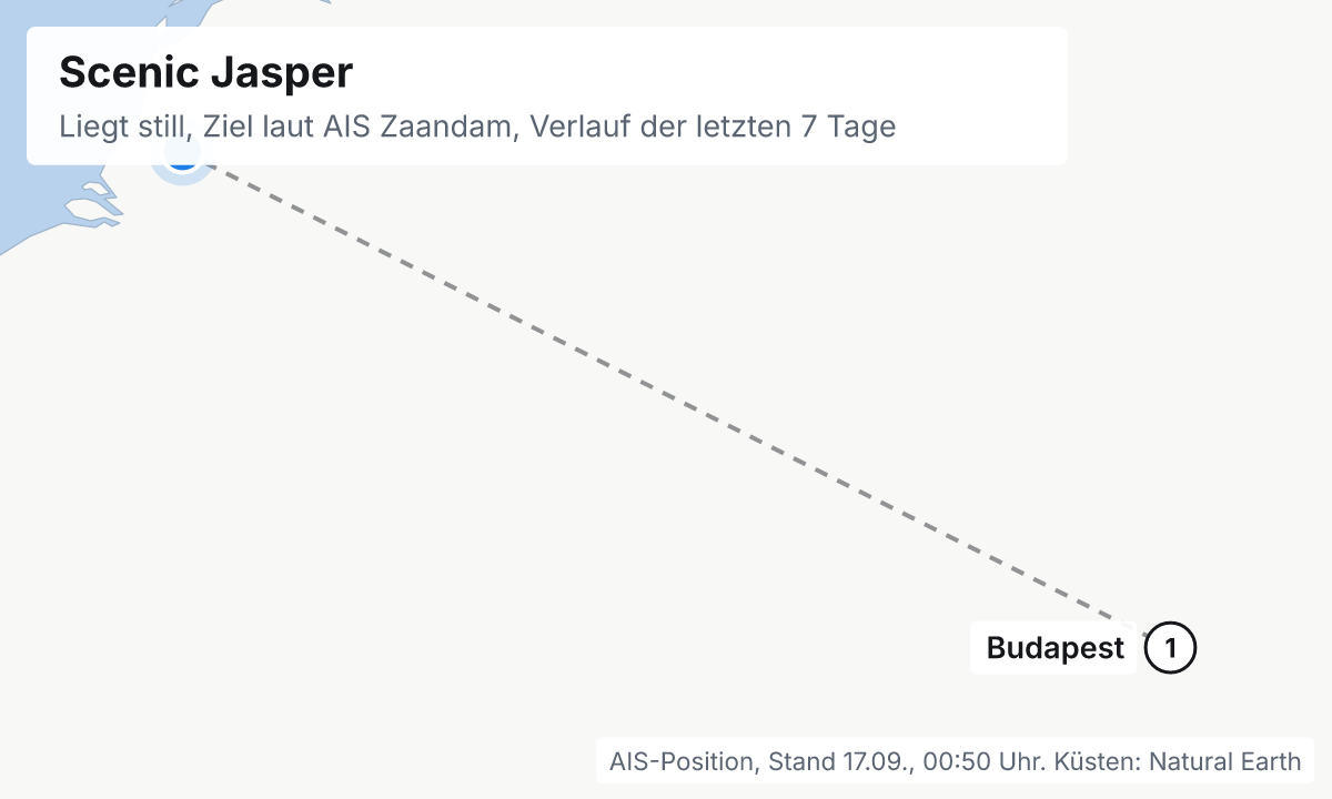 Karte: aktuelle Position der Scenic Jasper, Verlauf der letzten Tage und die nächsten Häfen laut Fahrplan