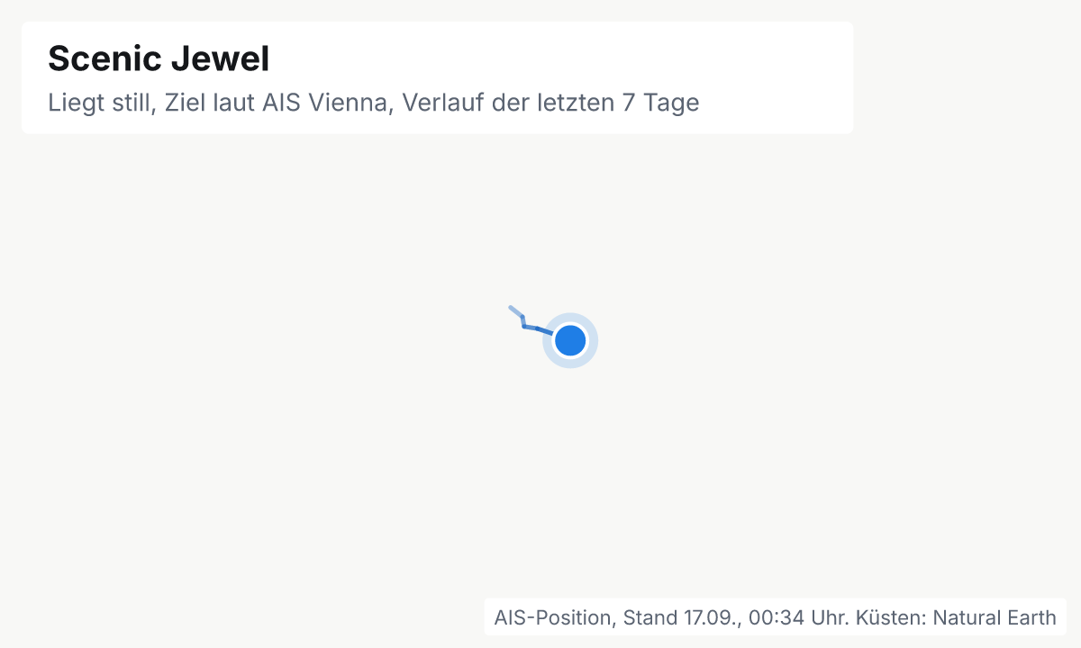 Karte: aktuelle Position der Scenic Jewel, Verlauf der letzten Tage und die nächsten Häfen laut Fahrplan