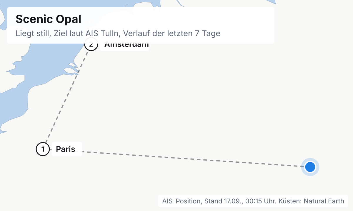 Karte: aktuelle Position der Scenic Opal, Verlauf der letzten Tage und die nächsten Häfen laut Fahrplan