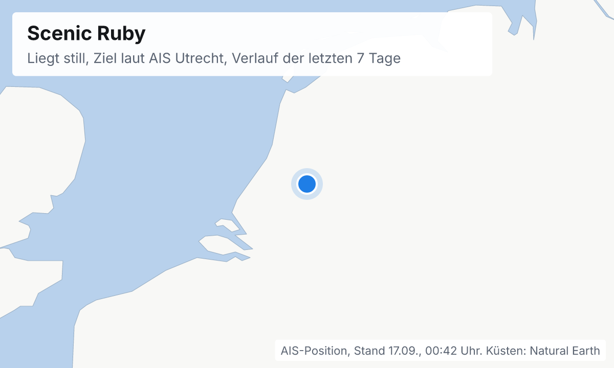 Karte: aktuelle Position der Scenic Ruby, Verlauf der letzten Tage und die nächsten Häfen laut Fahrplan