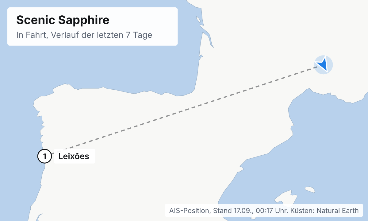 Karte: aktuelle Position der Scenic Sapphire, Verlauf der letzten Tage und die nächsten Häfen laut Fahrplan
