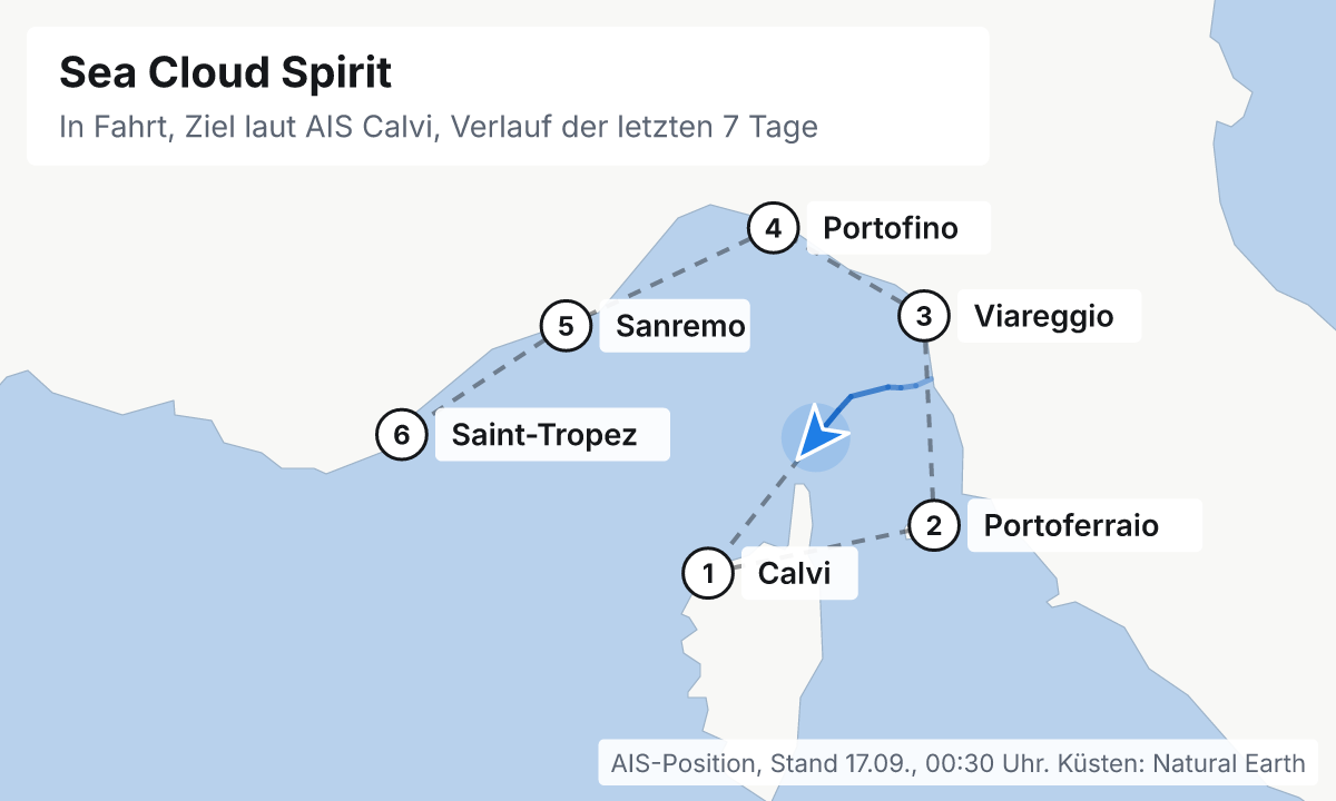Karte: aktuelle Position der Sea Cloud Spirit, Verlauf der letzten Tage und die nächsten Häfen laut Fahrplan
