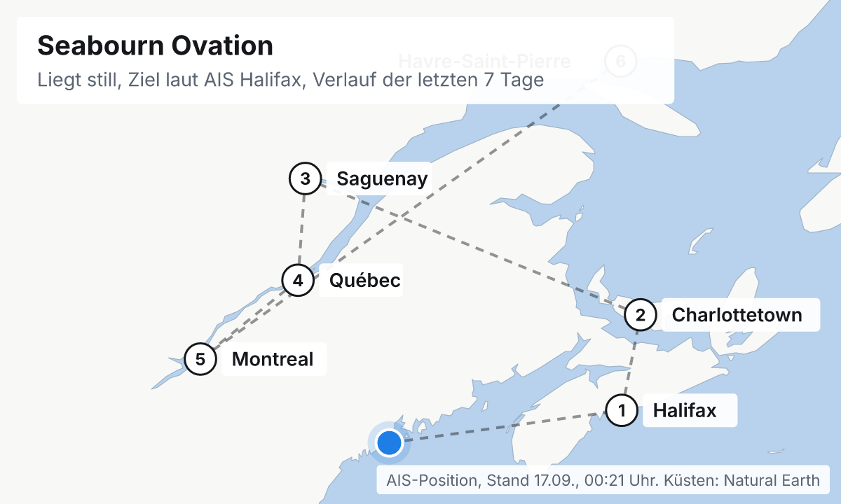 Karte: aktuelle Position der Seabourn Ovation, Verlauf der letzten Tage und die nächsten Häfen laut Fahrplan