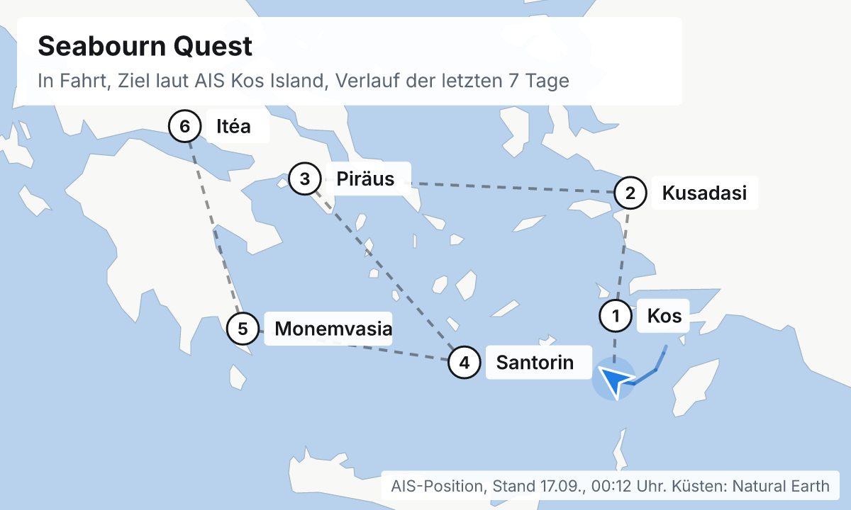 Karte: aktuelle Position der Seabourn Quest, Verlauf der letzten Tage und die nächsten Häfen laut Fahrplan