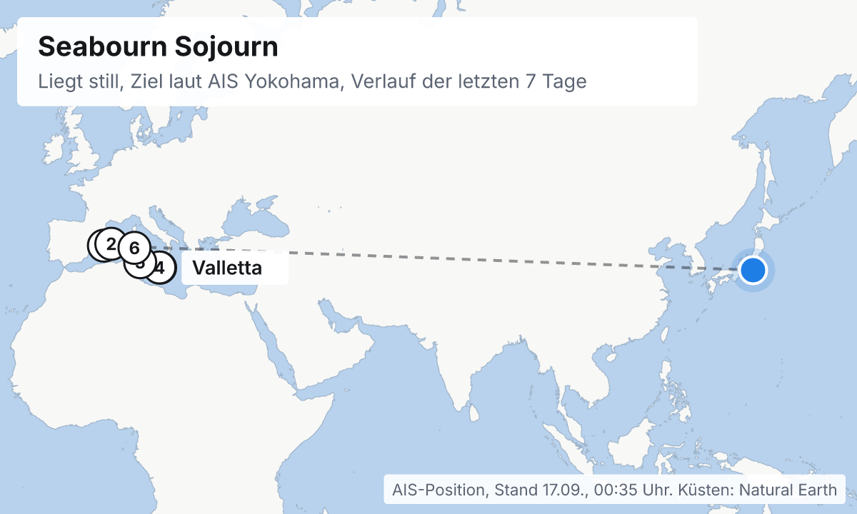 Karte: aktuelle Position der Seabourn Sojourn, Verlauf der letzten Tage und die nächsten Häfen laut Fahrplan