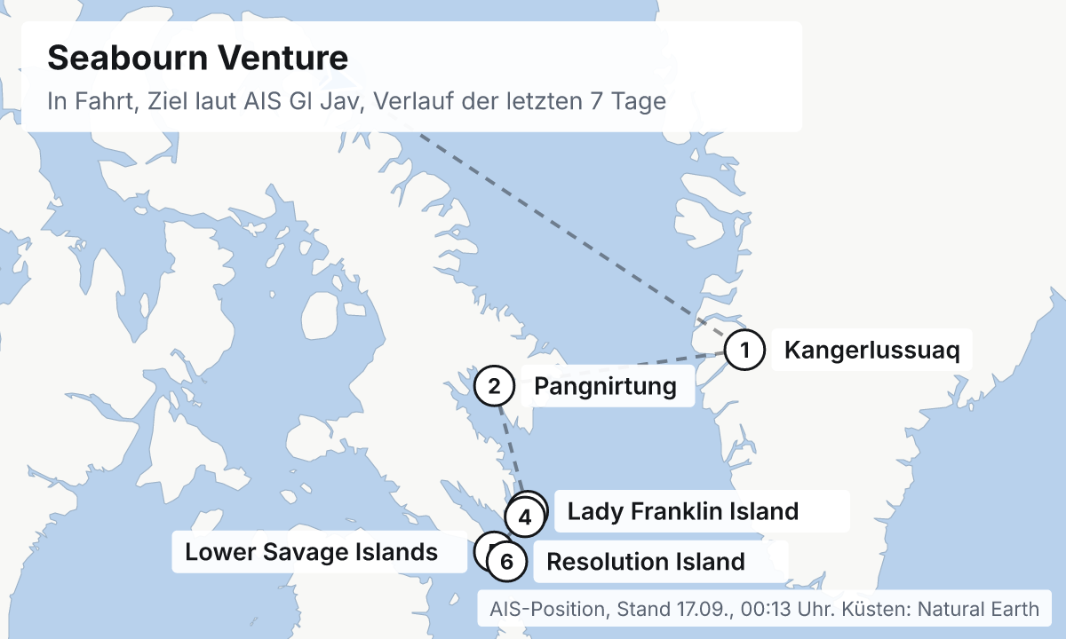 Karte: aktuelle Position der Seabourn Venture, Verlauf der letzten Tage und die nächsten Häfen laut Fahrplan