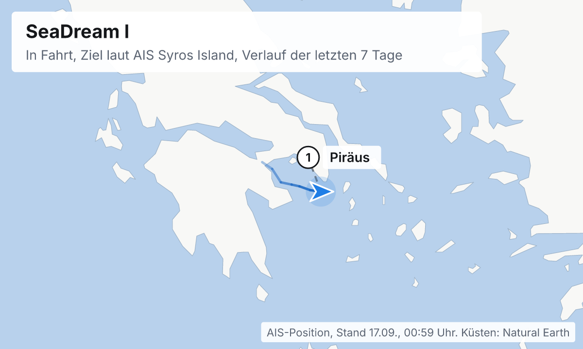 Karte: aktuelle Position der SeaDream I, Verlauf der letzten Tage und die nächsten Häfen laut Fahrplan