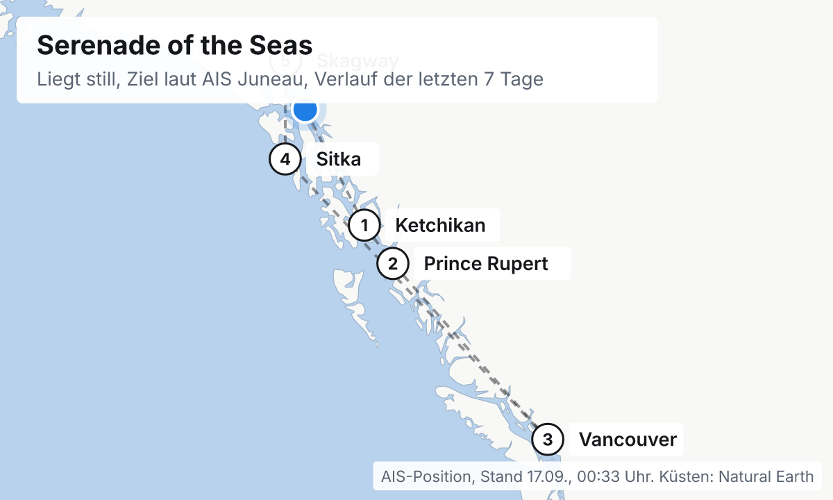 Karte: aktuelle Position der Serenade of the Seas, Verlauf der letzten Tage und die nächsten Häfen laut Fahrplan