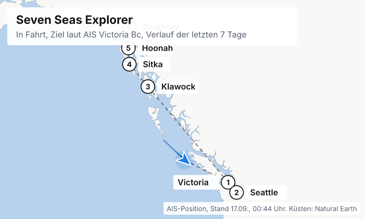 Karte: aktuelle Position der Seven Seas Explorer, Verlauf der letzten Tage und die nächsten Häfen laut Fahrplan