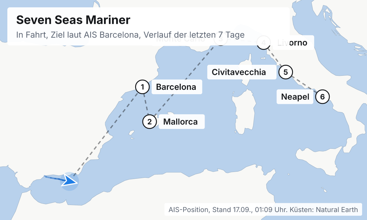 Karte: aktuelle Position der Seven Seas Mariner, Verlauf der letzten Tage und die nächsten Häfen laut Fahrplan