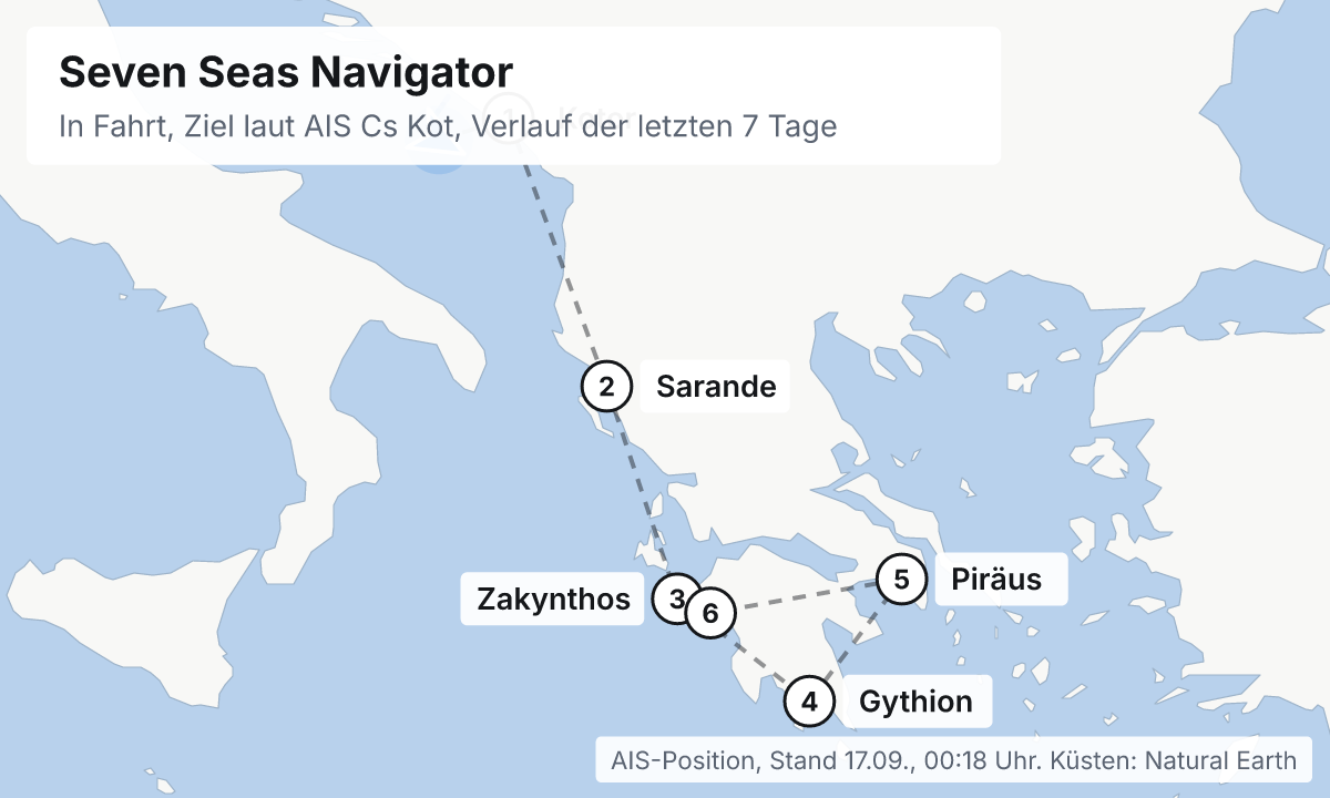Karte: aktuelle Position der Seven Seas Navigator, Verlauf der letzten Tage und die nächsten Häfen laut Fahrplan