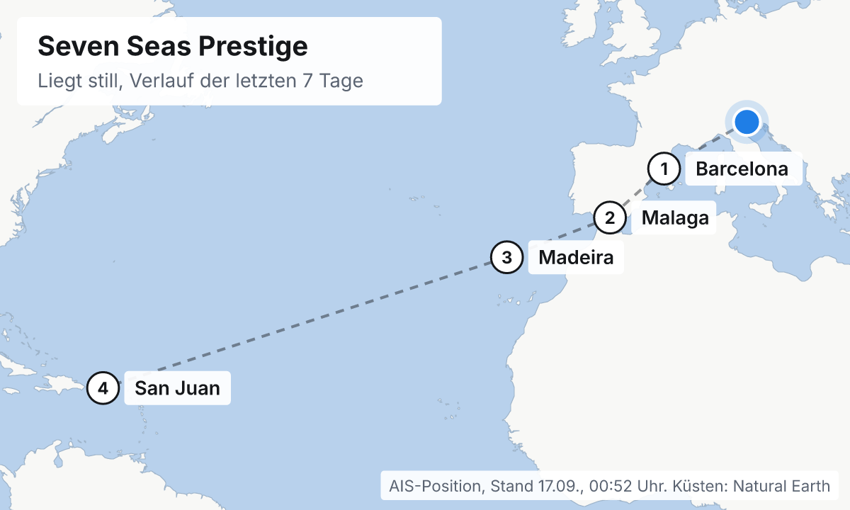 Karte: aktuelle Position der Seven Seas Prestige, Verlauf der letzten Tage und die nächsten Häfen laut Fahrplan