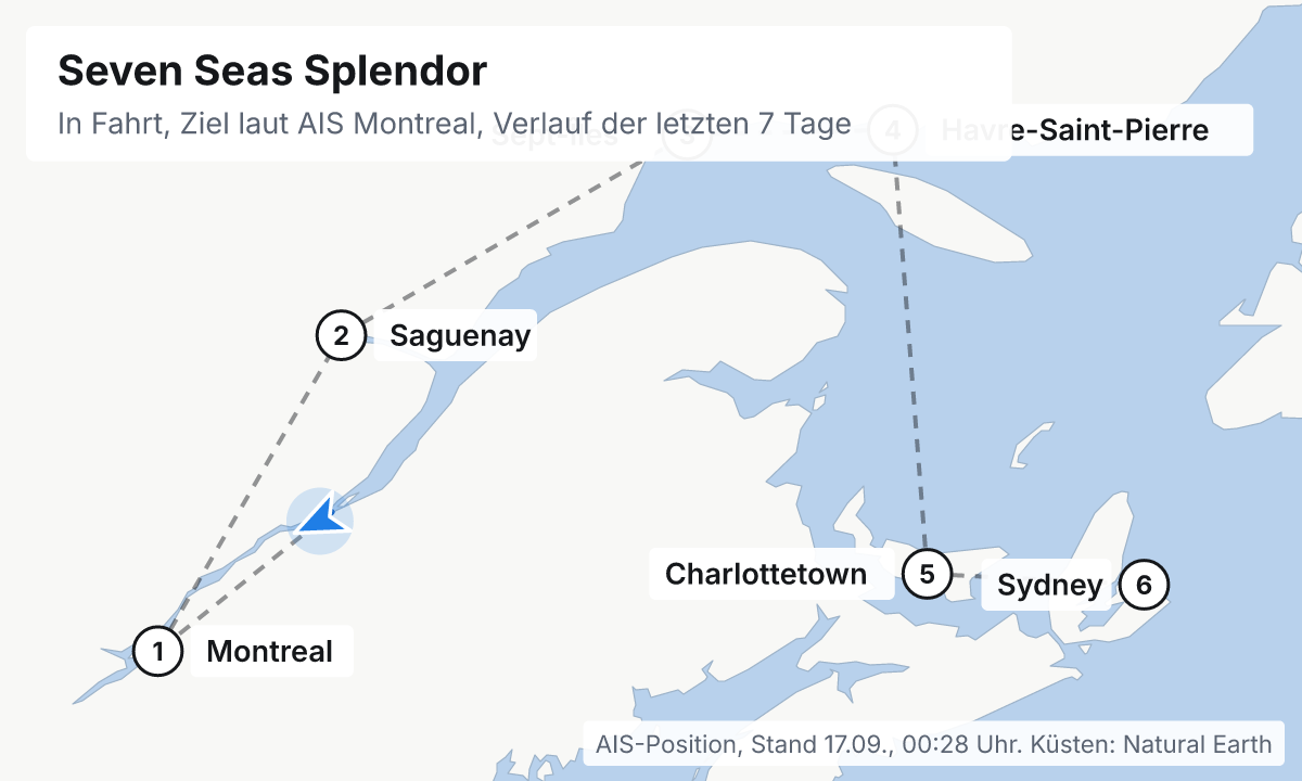 Karte: aktuelle Position der Seven Seas Splendor, Verlauf der letzten Tage und die nächsten Häfen laut Fahrplan