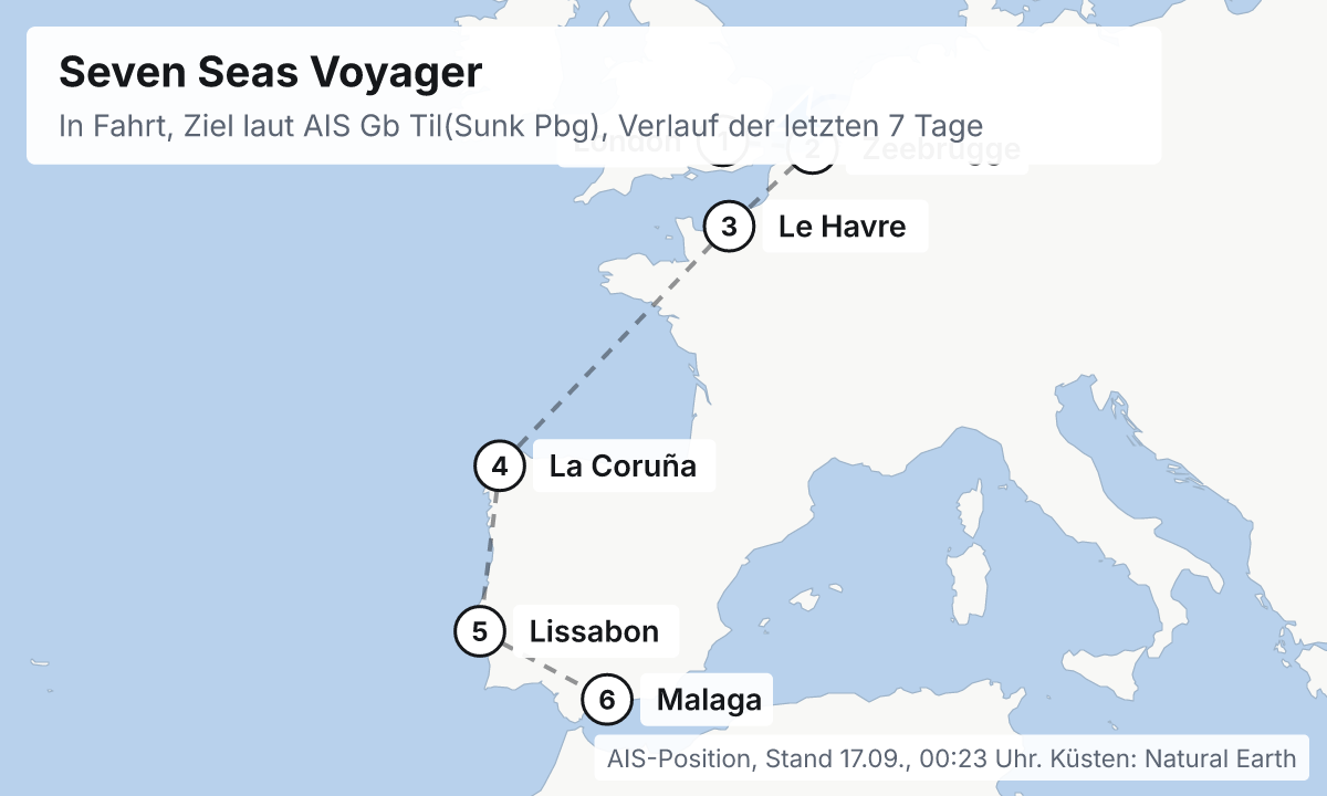 Karte: aktuelle Position der Seven Seas Voyager, Verlauf der letzten Tage und die nächsten Häfen laut Fahrplan