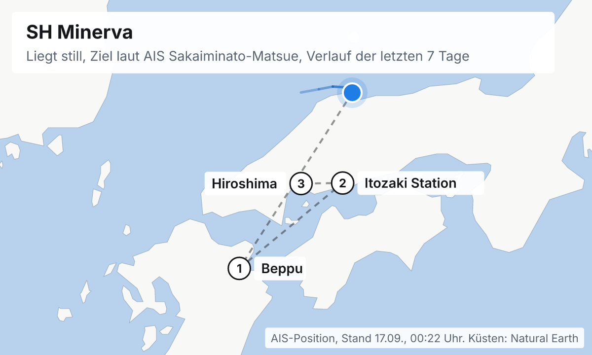 Karte: aktuelle Position der SH Minerva, Verlauf der letzten Tage und die nächsten Häfen laut Fahrplan