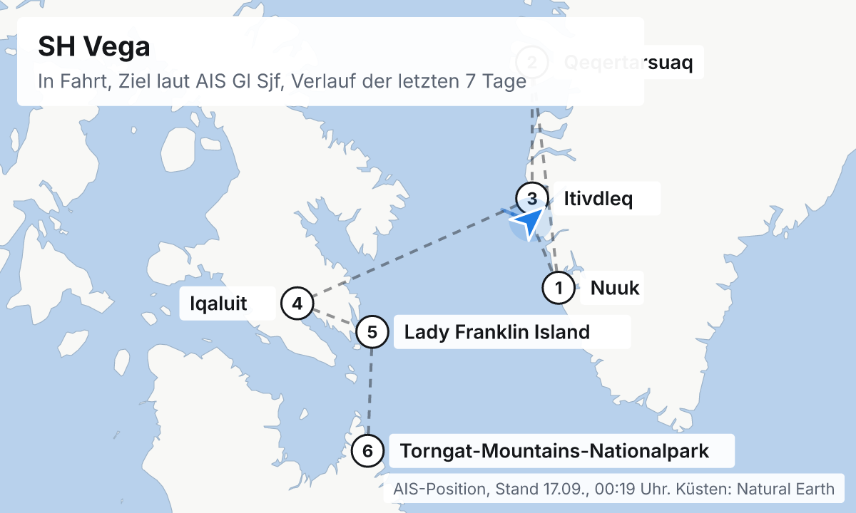 Karte: aktuelle Position der SH Vega, Verlauf der letzten Tage und die nächsten Häfen laut Fahrplan
