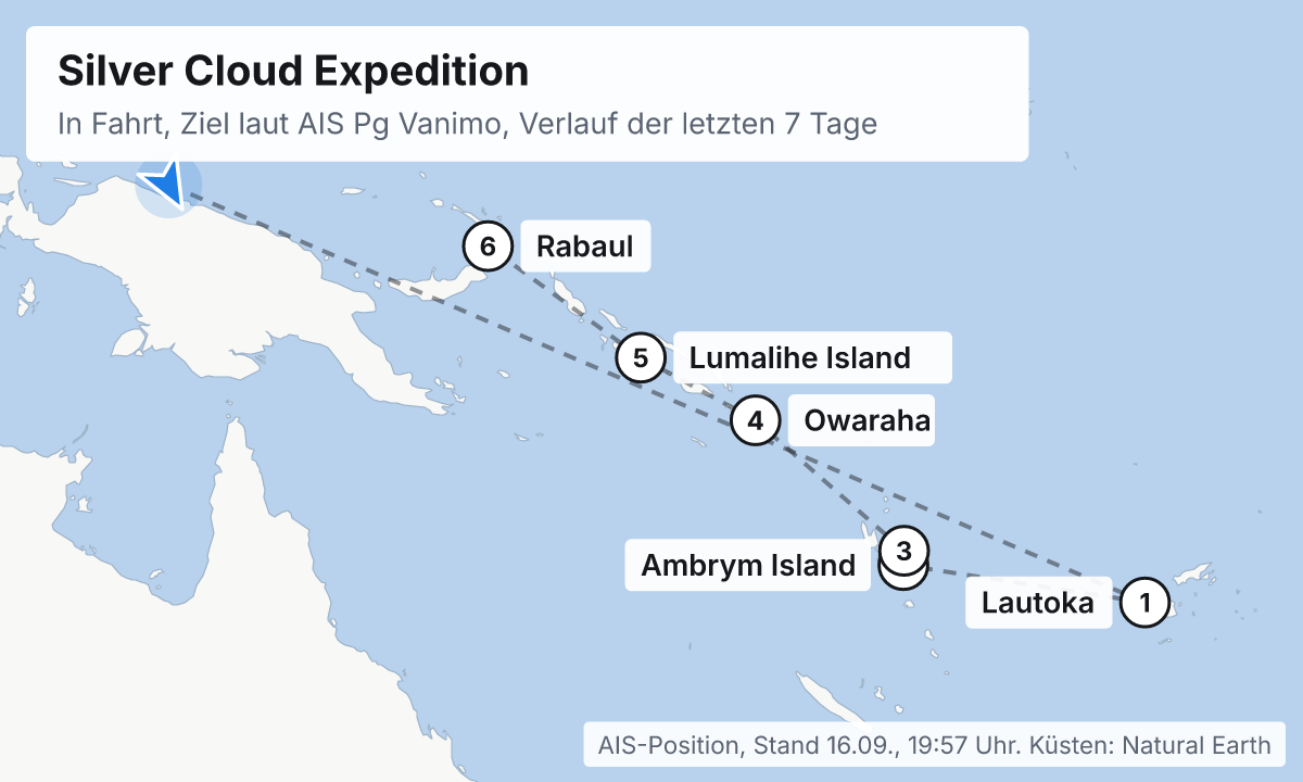Karte: aktuelle Position der Silver Cloud Expedition, Verlauf der letzten Tage und die nächsten Häfen laut Fahrplan