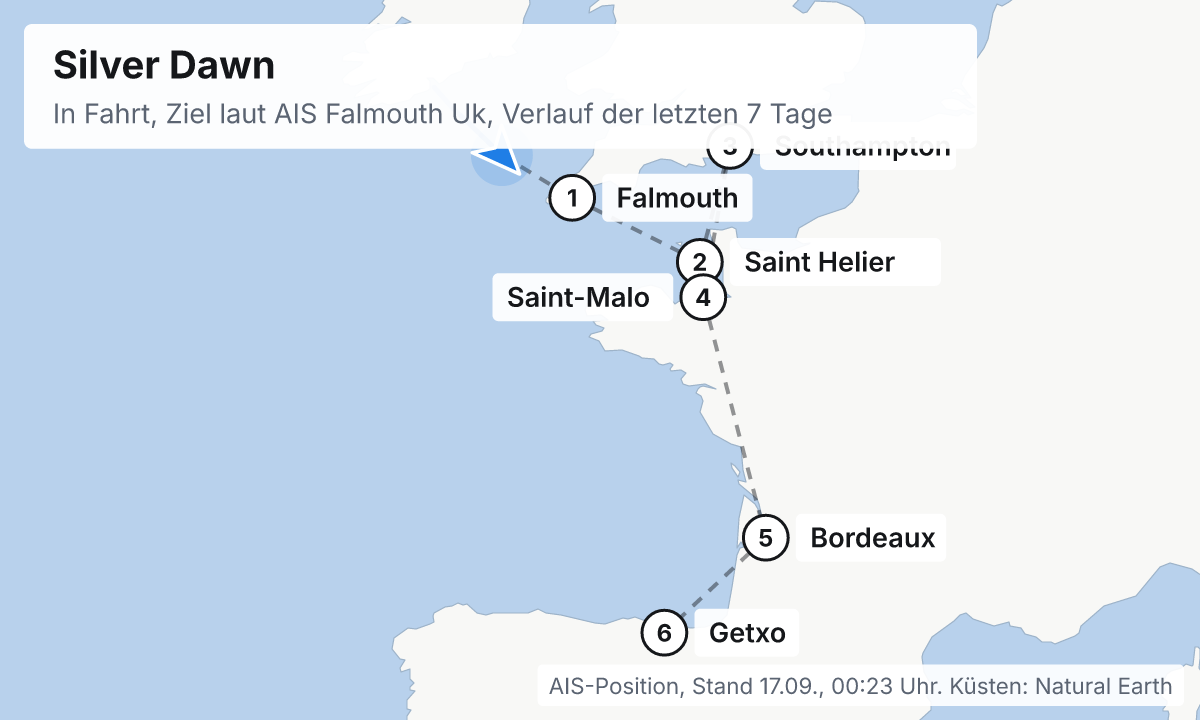 Karte: aktuelle Position der Silver Dawn, Verlauf der letzten Tage und die nächsten Häfen laut Fahrplan