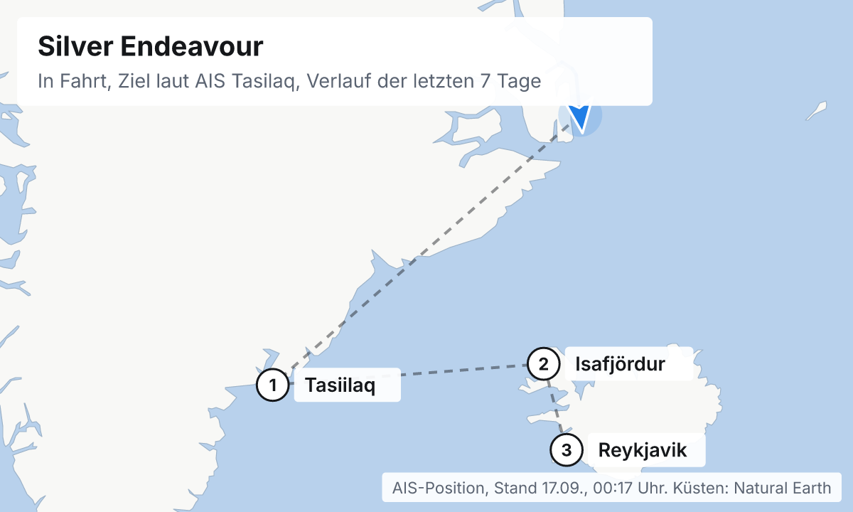 Karte: aktuelle Position der Silver Endeavour, Verlauf der letzten Tage und die nächsten Häfen laut Fahrplan