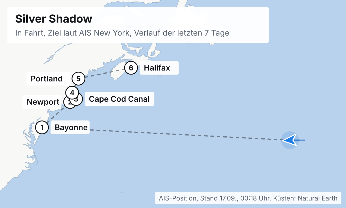 Karte: aktuelle Position der Silver Shadow, Verlauf der letzten Tage und die nächsten Häfen laut Fahrplan