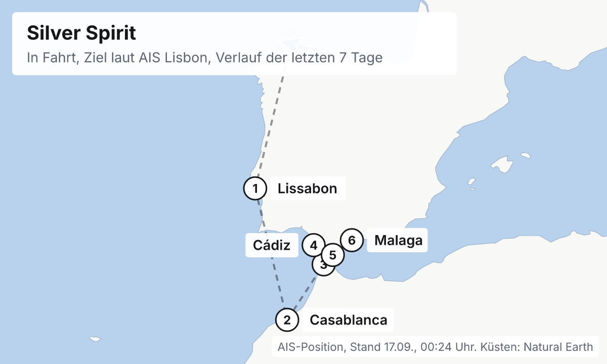 Karte: aktuelle Position der Silver Spirit, Verlauf der letzten Tage und die nächsten Häfen laut Fahrplan