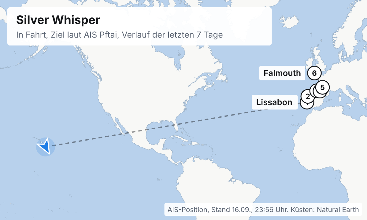 Karte: aktuelle Position der Silver Whisper, Verlauf der letzten Tage und die nächsten Häfen laut Fahrplan