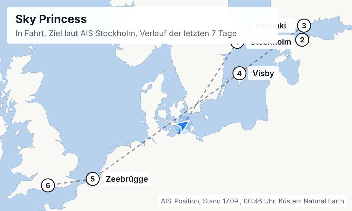 Karte: aktuelle Position der Sky Princess, Verlauf der letzten Tage und die nächsten Häfen laut Fahrplan